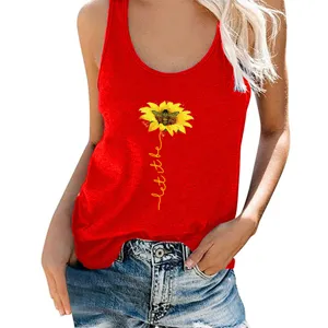 Detailed view of the red tank top featuring a sunflower and bee graphic with let it be print.