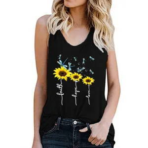 Detail view of women summer black tank top featuring sunflower dragonfly print and letter graphic.