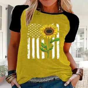 Camiseta mujer manga corta raglan bicolor con grafico de bandera americana y girasol