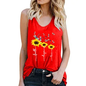 Red sunflower dragonfly print tank top detail, sleeveless casual summer top with inspiring text.