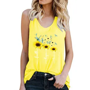 Summer women yellow tank top detail, sunflower and dragonfly print, casual round neck sleeveless