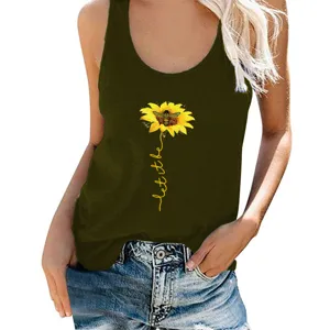Women Summer Casual Army Green Tank Top with Sunflower Bee Letter Print Sleeveless Shirt