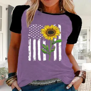 Mujer Vintage Girasol Bandera Americana Estampado Raglan Manga Corta Camiseta Top