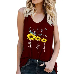 Women summer casual sleeveless tank top with sunflower print, comfortable daily wear clothing.