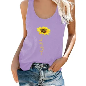 Women Summer Sunflower Bee Letter Print Sleeveless Tank Top Casual Round Neck Polyester Cami Vest For Everyday Beach Wear