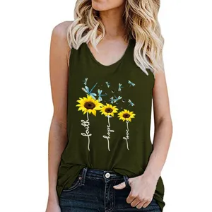 Women Summer Sunflower Print Racerback Tank Top Casual Faith Hope Love Graphic Vest Top