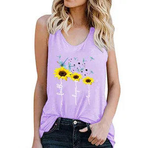 Close-up of the purple tank top highlighting sunflower, dragonfly prints and inspirational words.