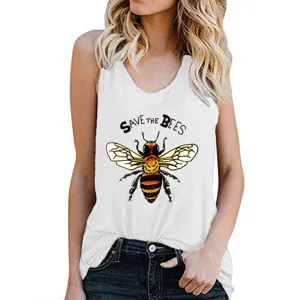 Closeup detail view of the white summer tank top featuring a cute bee graphic print and text.