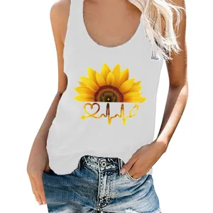Detailed view of women white sleeveless tank top featuring sunflower and heartbeat print.
