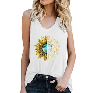 Women casual white sleeveless tank top with sunflower graphic print for summer daily wear.