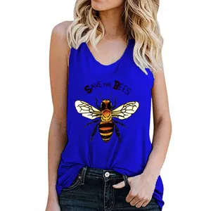 Summer casual women blue racerback tank top with cute bee graphic print detail view.