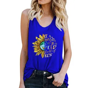 Women casual blue tank top with sunflower graphic print and inspiring quote detail view.