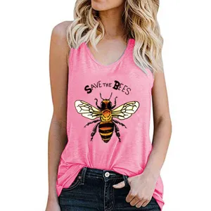 Summer women casual sleeveless pink tank top with cute bee graphic print and slogan.
