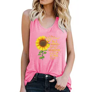 Women summer casual sleeveless tank top with cute sunflower graphic letter print pink top