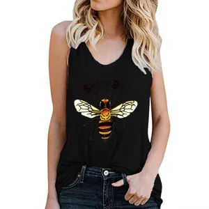 Women summer casual black tank top with cute bee print and save the bees letter design.
