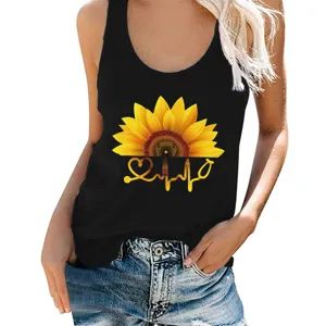 Detailed view of the black sleeveless tank top featuring a sunflower and heartbeat print for women.
