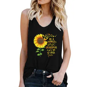 Women Summer Black Tank Top Sunflower Graphic Casual Sleeveless Vest Loose Fit Top