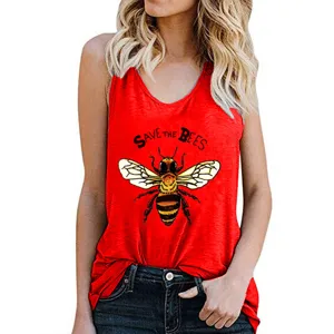 Close-up detail view of the red bee print tank top, comfortable summer casual wear.