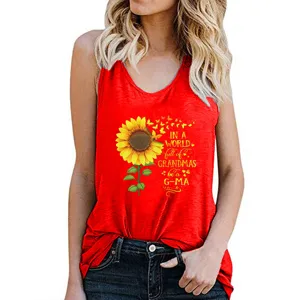 Summer casual red sleeveless tank top for women with beautiful sunflower and letter print design.