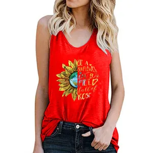 Women Summer Casual Red Tank Top Sunflower Graphic Sleeveless Gym Athletic Shirt Top Tee