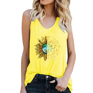 Women Summer Printed Tank Top Casual Yellow Sleeveless Sunflower Graphic Shirt Tops