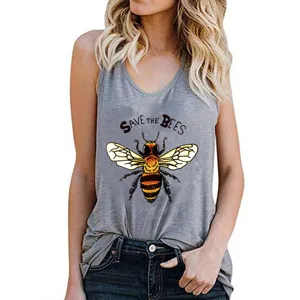 Detail view of women's gray sleeveless racerback tank top with bee print graphic design.