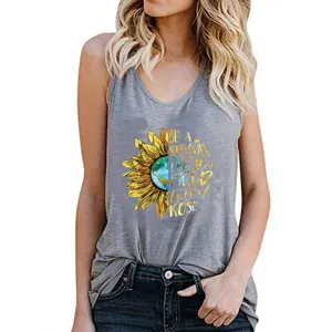 Women grey casual tank top featuring creative sunflower graphic and uplifting quote design detail.