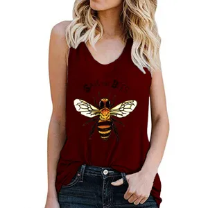Women casual bee print sleeveless tank top detail, dark red summer fashion apparel.