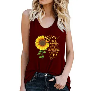 Women summer casual sunflower print tank top, comfortable sleeveless scoop neck basic vest top.