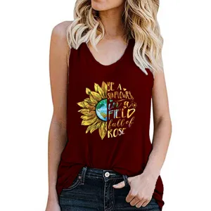 Women Casual Sunflower Print Tank Top Summer Sleeveless V-Neck Athletic Gym Shirt