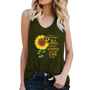 Detail view of womens summer military green tank top with sunflower graphic print and empowering quote text.