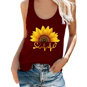 Women Summer Sunflower Heartbeat Print Tank Top Casual Sleeveless Camisole Vest Top