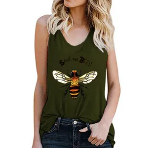 Close up detail of green tank top featuring a cute bee graphic and Save The Bees print text.