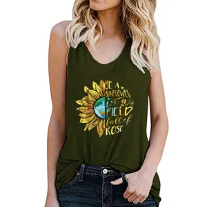 Women's casual sleeveless racerback tank top with sunflower graphic print for summer daily wear.