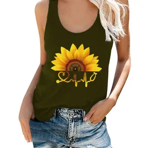 Summer women's sleeveless tank top featuring a cute sunflower and heartbeat print design.