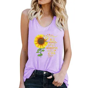 Detailed view of women's purple tank top featuring sunflower print and inspirational text.