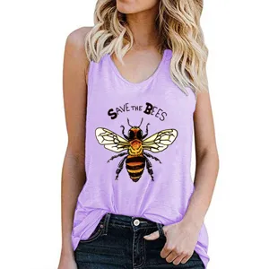 Summer casual women's purple tank top with cute bee graphic print sleeveless casual top.