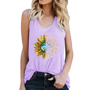 Women casual summer sleeveless tank top with sunflower graphic print and soft fabric design.