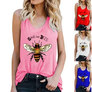 Women Save The Bees Graphic Print Tank Top Sleeveless Racerback Round Neck Polyester Ribbed Summer Casual Slim Fit Top Vest