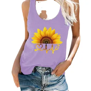 Summer casual women sleeveless purple camisole tank top with sunflower and heart print