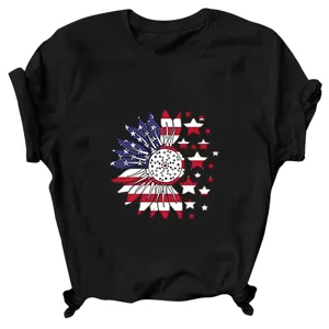 Vista detallada de camiseta negra de manga corta con estampado de girasol bandera de EE. UU.