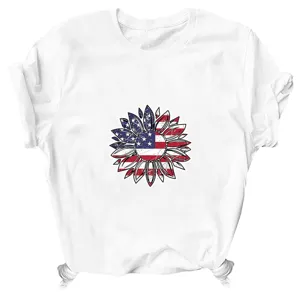 Classic white short-sleeve t-shirt featuring a vintage US flag sunflower graphic and cute hem knot.