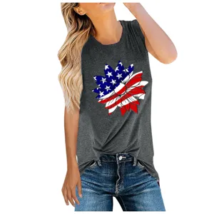 Women's American Flag Sunflower Print Casual Summer Loose Fit Sleeveless Tank Top