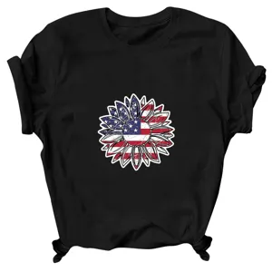 Black crew neck short sleeve T-shirt featuring an American flag sunflower graphic.