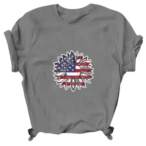 Casual grey crewneck short sleeve t-shirt featuring American flag sunflower graphic print.