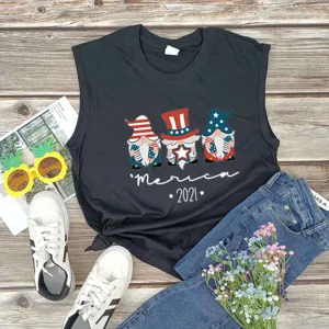 Patriotic gnome graphic sleeveless summer tank top with casual grey design details.