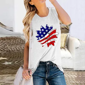 Detail shot of women's summer sleeveless tank top with American flag sunflower print design.