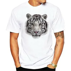 Men's white short sleeve t-shirt featuring a striking realistic white tiger head graphic print.