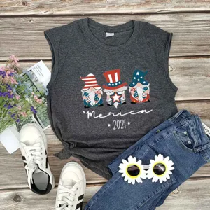 Detailed view of the dark grey sleeveless top featuring a cute Independence Day gnome graphic.