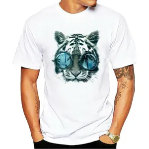 Men's white short sleeve t-shirt with cool tiger sunglasses print casual summer top